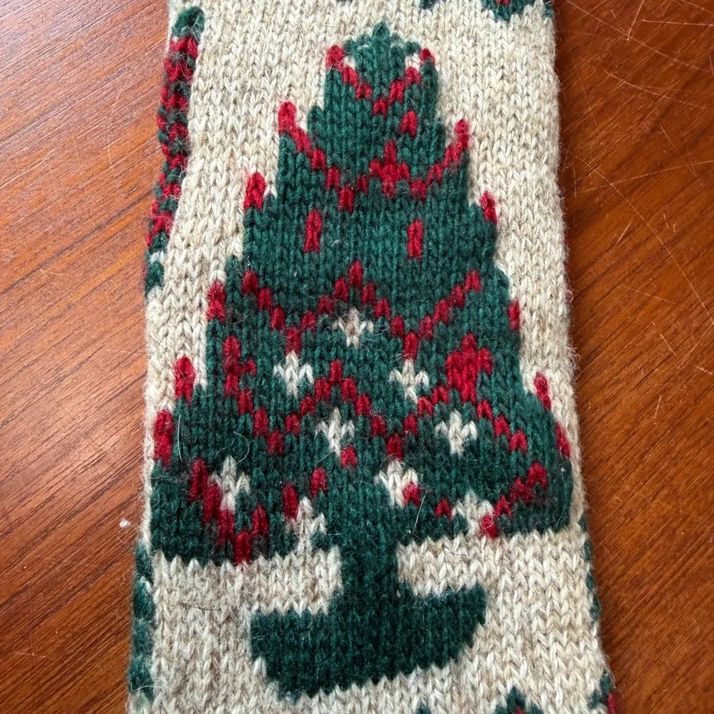 Vintage Knit Christmas Stocking Red Green Wool Blend Fair Isle Pine Tree 23